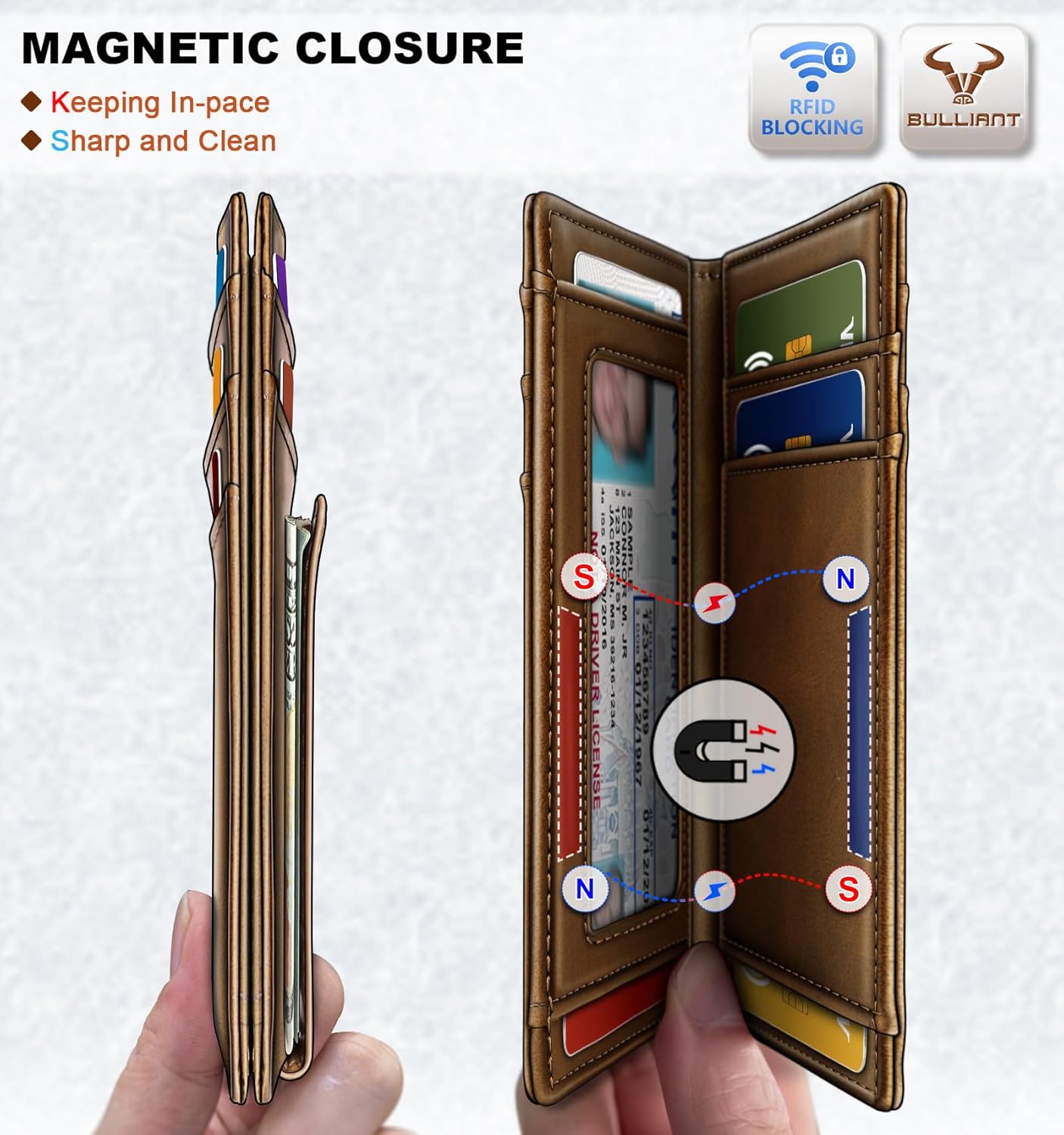BULLIANT Men Airtag Wallet,Slim Wallet Money Clip Card Holder Magnetic Closure 12 Cards in Front Pocket RFID Blocking