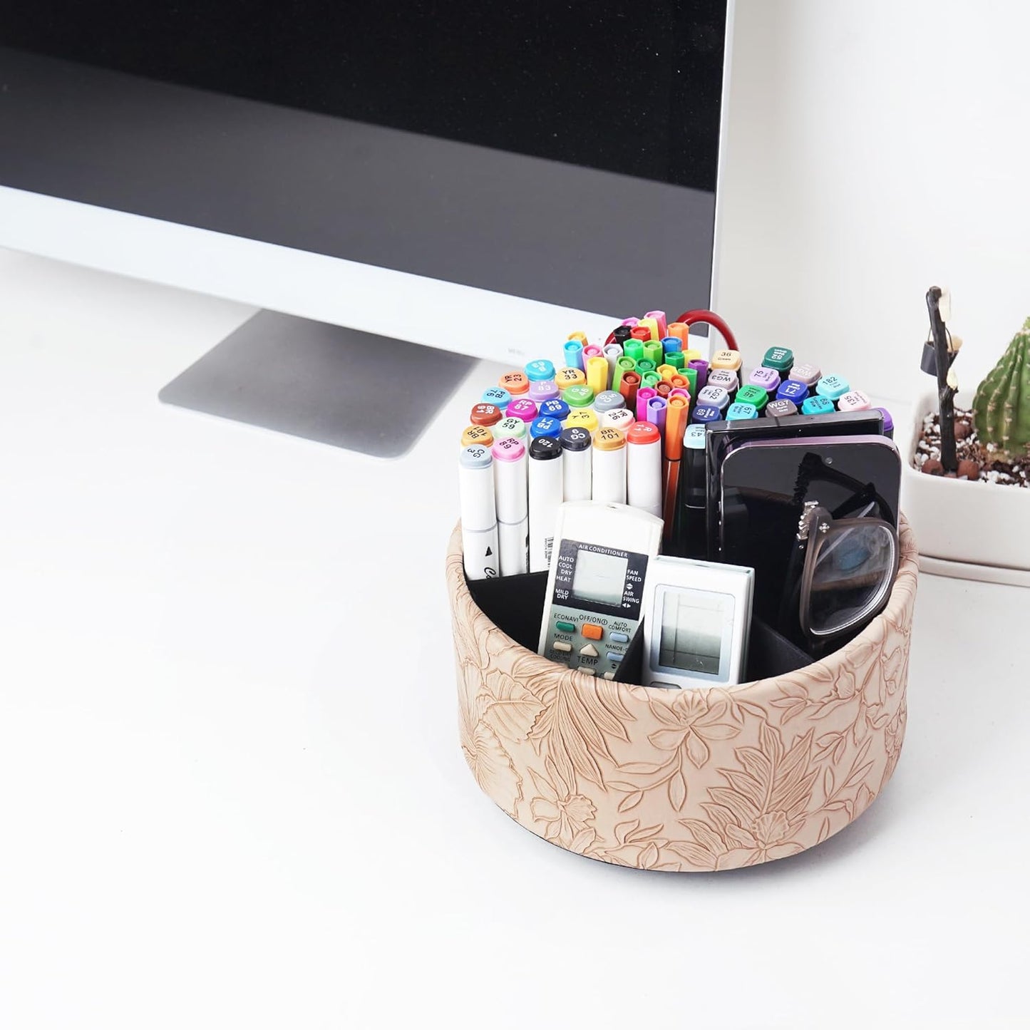 Round Leather Art Supply Organizer,Remote Control Holder,360 Degree Rotating,Multi-Functional Pencil Holder,4 Compartments Desktop Stationary Organizer(1-Fractal Flower) | Round - Colors A