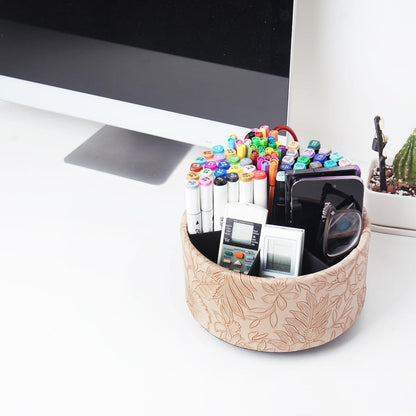 Round Leather Art Supply Organizer,Remote Control Holder,360 Degree Rotating,Multi-Functional Pencil Holder,4 Compartments Desktop Stationary Organizer(1-Fractal Flower) | Round - Colors A