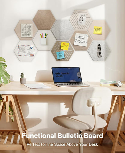 Hexagon Cork Board Alternative 10 Pack Felt Bulletin Board Tiles for Wall Decor, 12" Self-Adhesive Frameless Pin Board with 50 Push Pins for Office, Classroom, Home, Vision Board, Message Center
