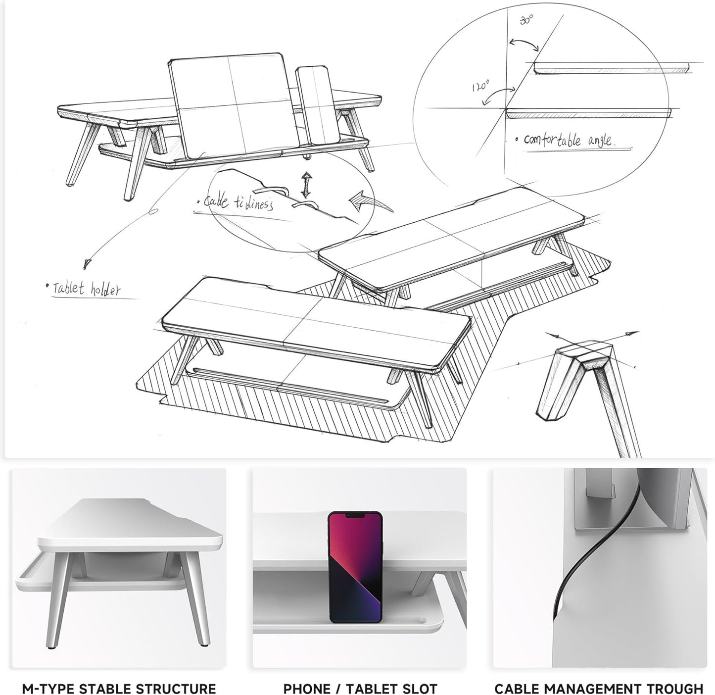 Fenge Dual Monitor Stand, Monitor Stands Riser for 2 monitors, 42.5 Inch Wood Desk Shelf with Storage Organizer and Cable Management for Office Desk Accessories