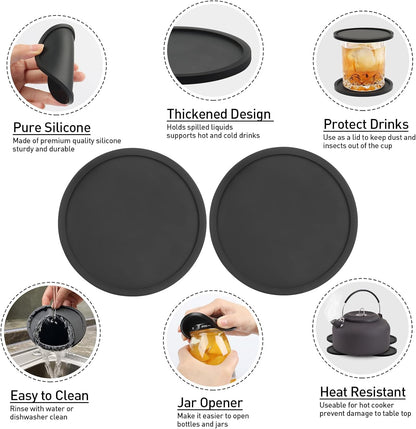 2 Pack Silicone Coasters for Drinks, Round Black Coaster with Deep Tray Grooved Design Cup Mat, Washable Heat Resistant Durable Non-Slip Coasters for Coffee Table Wooden Desk Kitchen Bar