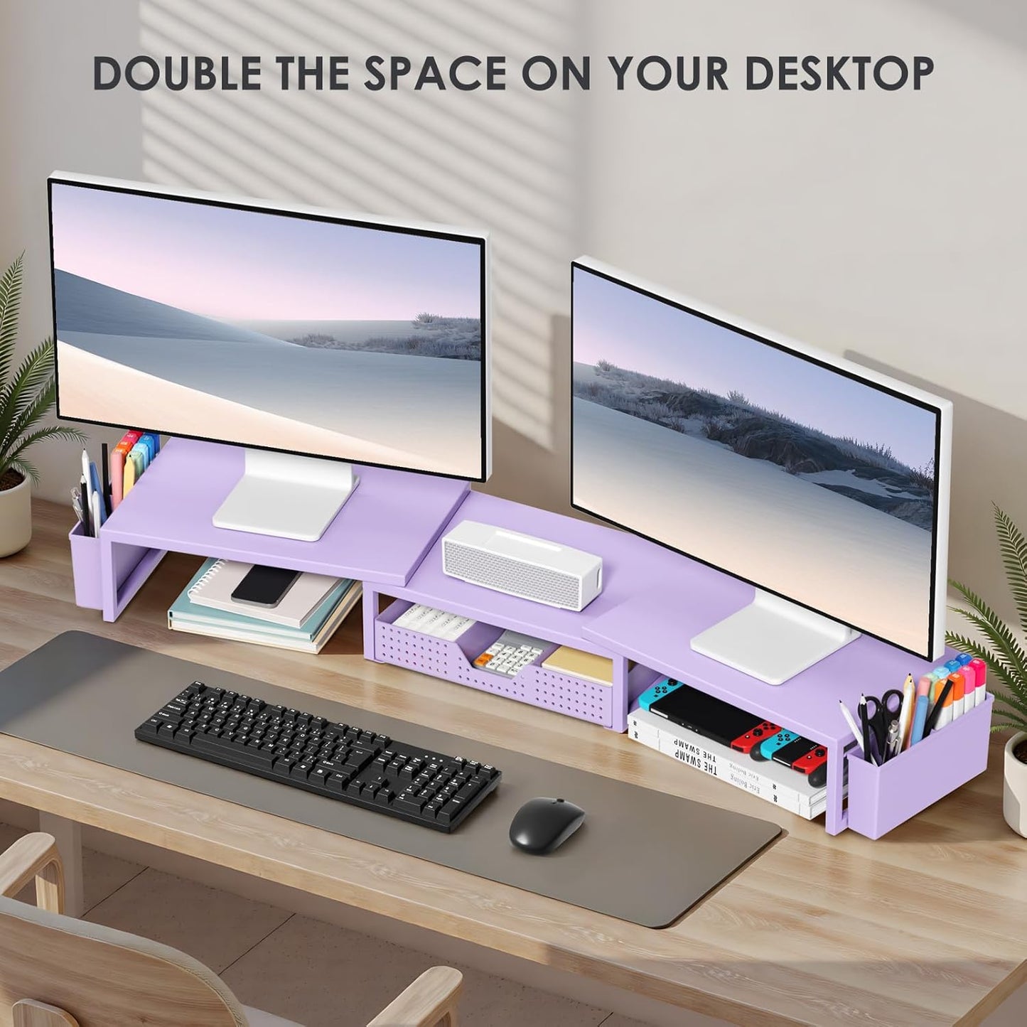OPNICE Desk Organizers and Accessories, Dual Monitor Stand Riser with Drawer and 2 Pen Holders, Desk Shelf Wood Computer Racks for Office Workspace Organizers, Desktop Organization (Rustic Brown)