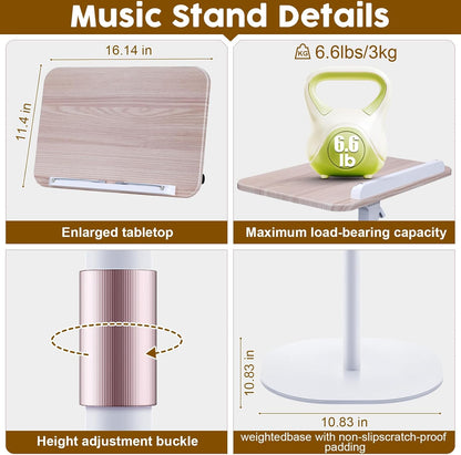2 in 1 Dual-use Music Stand & Desktop Book Stand, Adjustable Height 16.5"-51", 100% Solid Wood Laptop Floor Stand Book Holder with Page Clips for Cookbooks, Sheet Music (Brown)