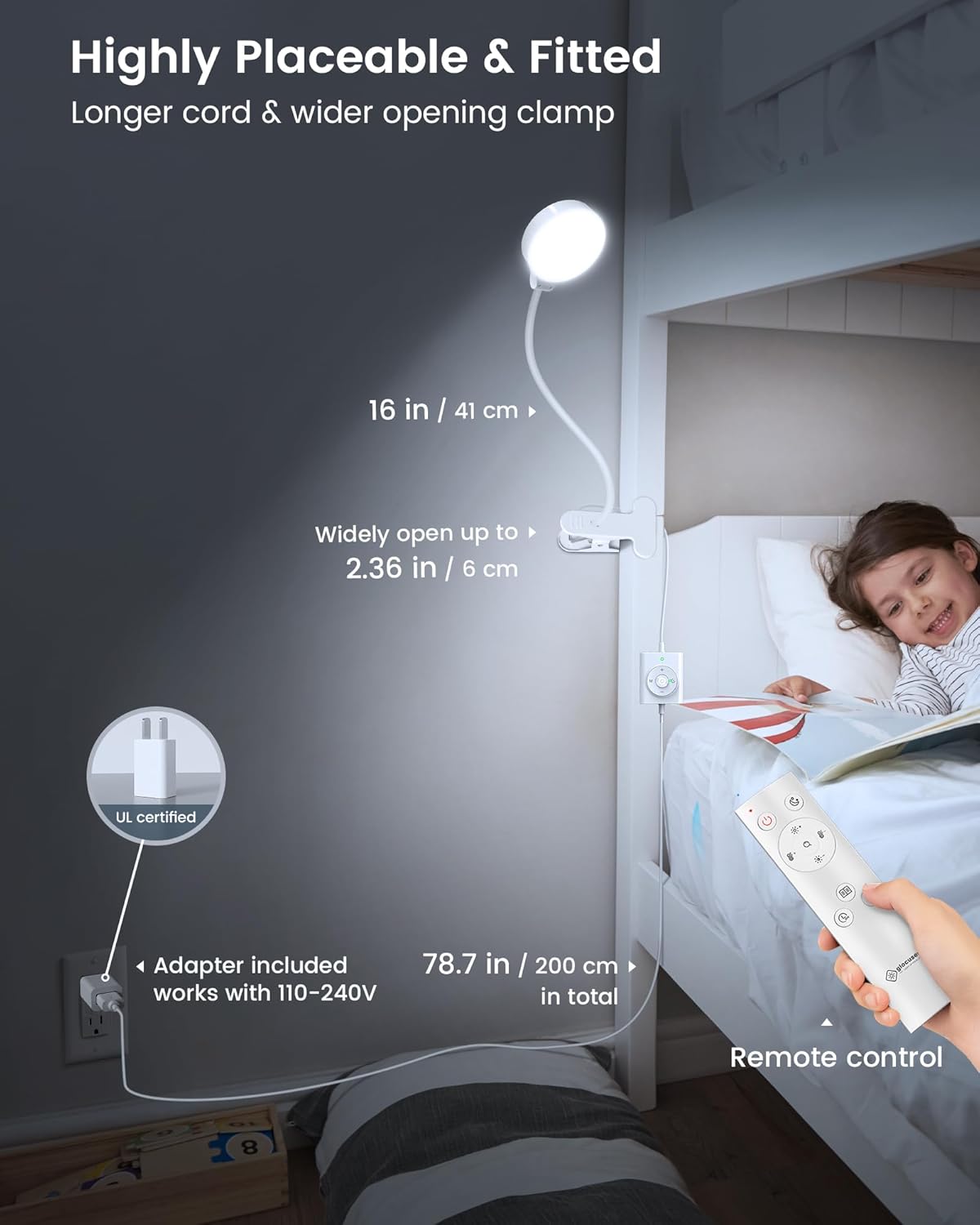 Glocusent 5W Clip on Light, 36LED Eye Caring Reading Light for Bed, 3 Colors & 5 Brightness Clip on Lamp with Adapter, Perfect Reading Light for Bed with Clamp/Bunk Bed/Headboard/Table/Desk