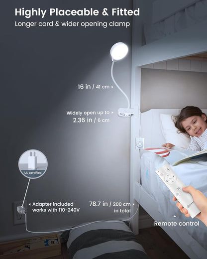 Glocusent 5W Clip on Light, 36LED Eye Caring Reading Light for Bed, 3 Colors & 5 Brightness Clip on Lamp with Adapter, Perfect Reading Light for Bed with Clamp/Bunk Bed/Headboard/Table/Desk