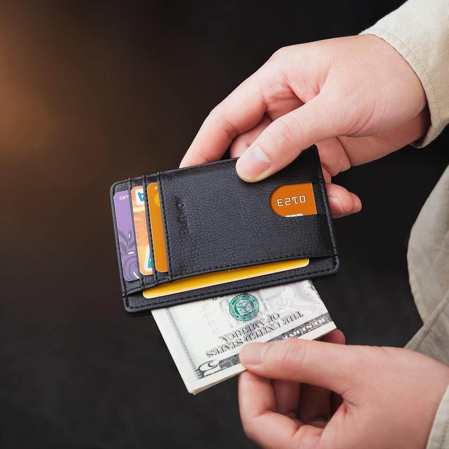 Buffway Slim Minimalist Front Pocket RFID Blocking Leather Wallets for Men and Women - Carbon Fiber Black - Colors B