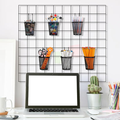 6 Sets Grid Wall Cups with Ring Hooks, hanging pencil holder Wall Mount Wire Grid Panel Pen Holder Organizer gridwall Accessories for Office Home Garage