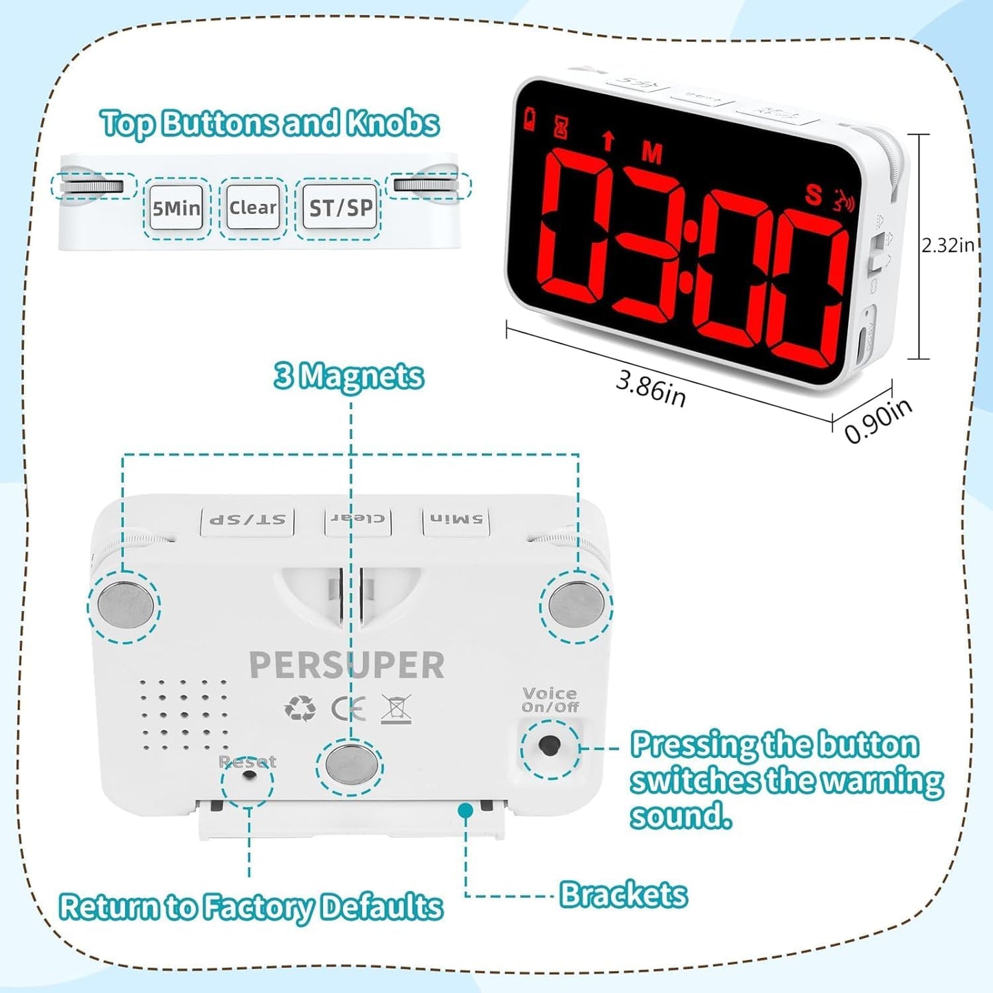 PERSUPER Kitchen Digital Timer, Count Down Up, Rechargeable, Vibration Mode Adjustable Volume and Brightness LED Display, Time Management Cook, Desk, Kids Adults Study Teaching, Kitchen Gadgets RGB
