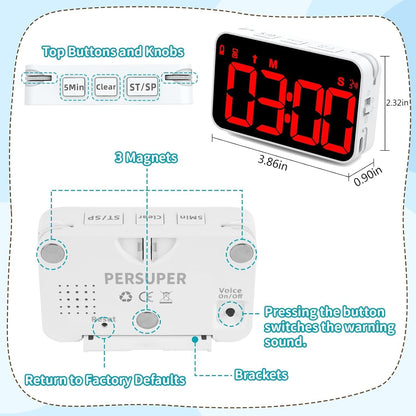 PERSUPER Kitchen Digital Timer, Count Down Up, Rechargeable, Vibration Mode Adjustable Volume and Brightness LED Display, Time Management Cook, Desk, Kids Adults Study Teaching, Kitchen Gadgets RGB