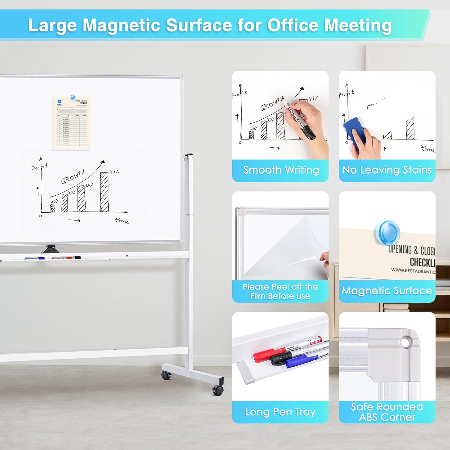 maxtek Magnetic Mobile White Board, 40 x 24 Double Sided Dry Erase Board Rolling Whiteboard, Aluminum Frame Standing Whiteboard on Wheels for Home Office Classroom (40 x 24 Black)