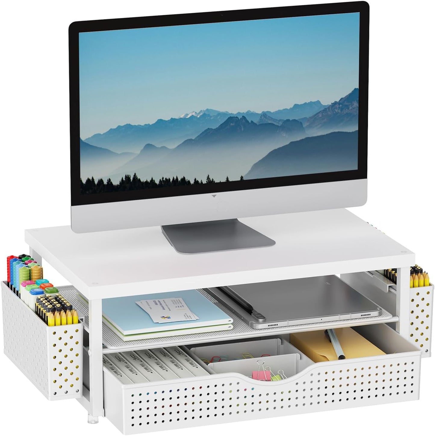 gianotter Monitor Stand Riser, Office Desk Shelf Organizer, Desk Organizer with Drawer and Pen Holder, 2-Tier Computer Stand, Office Organization (Ink)