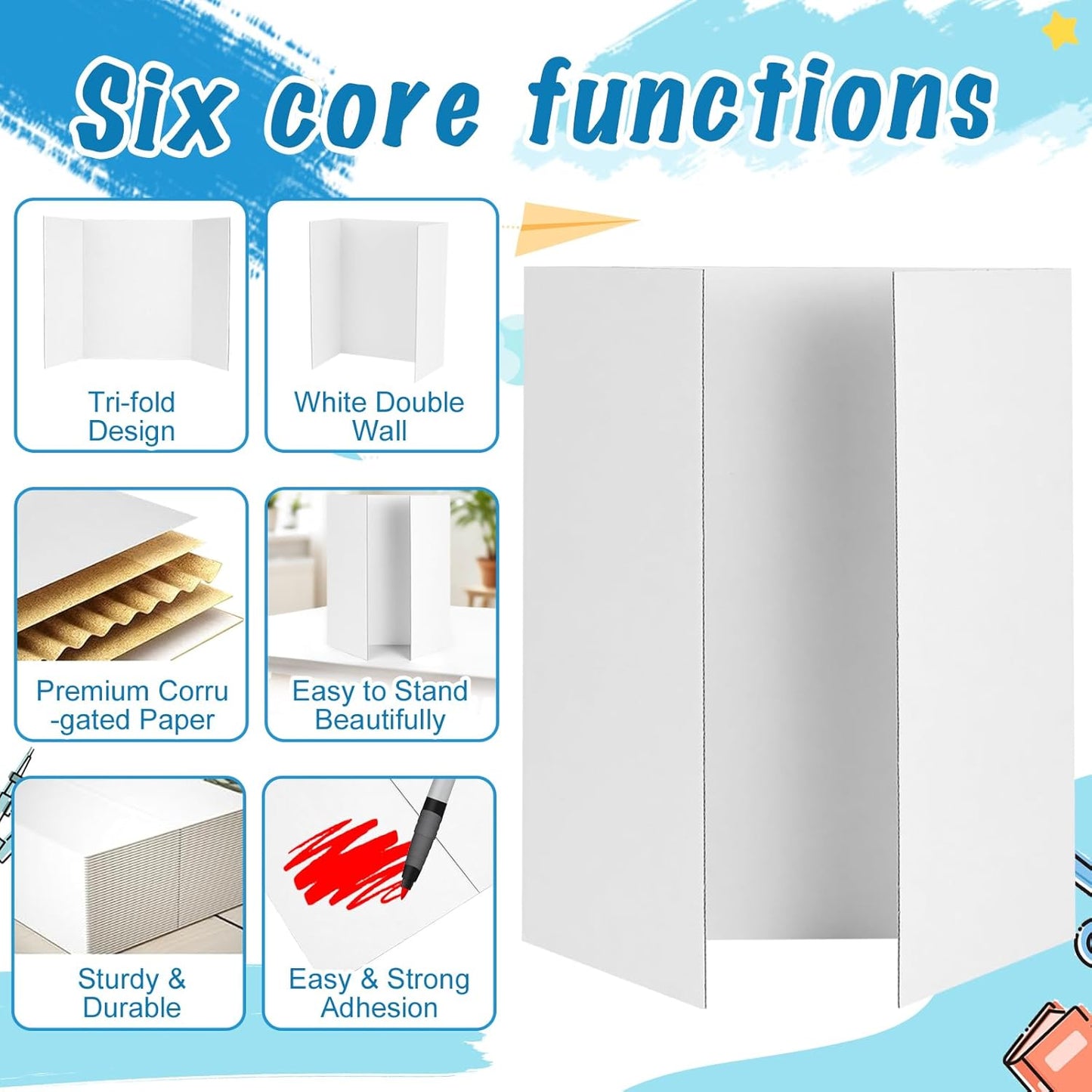 4 Pcs Small Trifold Poster Board, 21.4" x 14" Presentation Board, with Double Sided Tapes and Cardboard, White Corrugated Project Boards/Display Board for School Project/Science Fair Display Boards