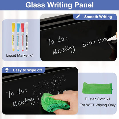 DOLLAR BOSS Glass Desk Whiteboard Calendar Small Dry Erase Board Desktop White Board with Storage Drawer Computer Keyboard Stand Desk Organizer, Colorful Weekly Calendar, Black