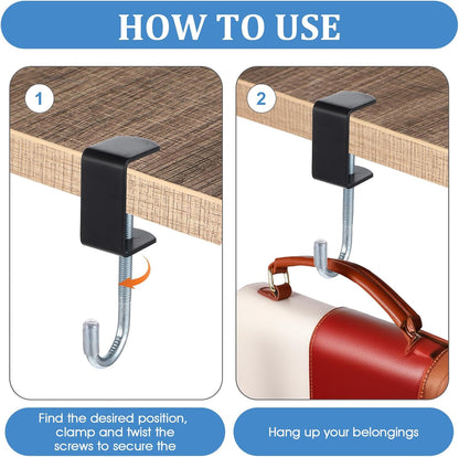cobee Clamp-On Under Desk Hooks, Desk Mount Hanging Bag Holder Metal Hook Adjustable Headphones Clamp Organizer Portable Purse Hanger Clip Reduce Desk Clutter Table Desk Under Counter (4 Pcs, Black)