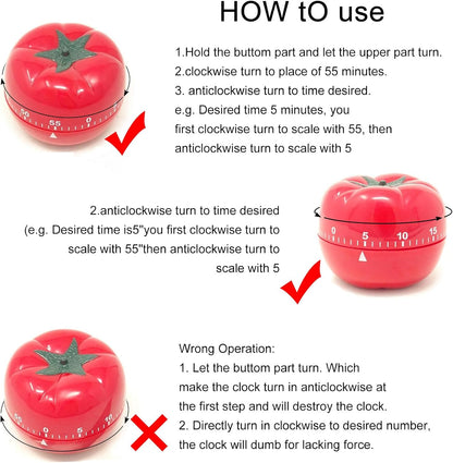 yueton Manual Mechanical Tomato Timer -Ring Alarm Kitchen Timer for Cooking Study Gym Countdown Clock Red