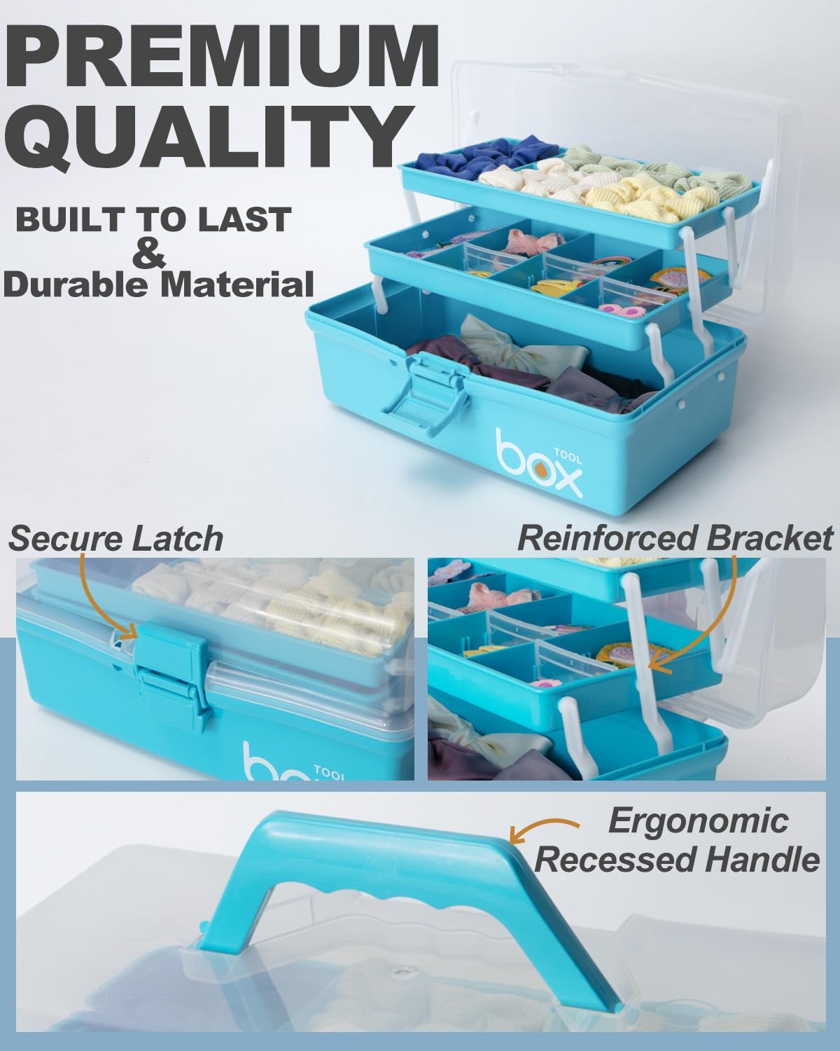 TERGOO 12in 3-Layer Plastic Craft Organizers and Storage, Portable Folding Tackle Box with Handle & Adjustable Dividers, Multipurpose Case for Sewing, Art Supplies, Medicine, Tools (Purple Blue)