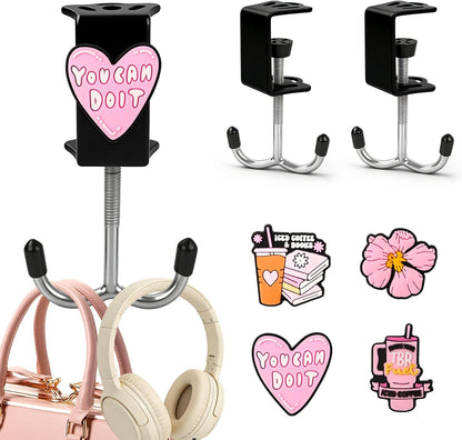 AULEEP 2 Pack Clamp-On Under Desk Bag Hook, Adjustable Purse Holder for Table with Cute DIY Stickers, 100 lbs Capacity Heavy-Duty Desk Organizer Hooks for Handbag, Backpack, Headphone, Black