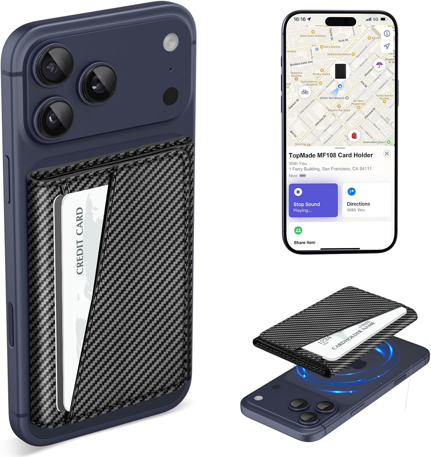 TopMade for Magsafe Wallet, Works with Apple Find My, Strongest Magnetic Wallet for iPhone 17/16/15/14/13/12 Series, Leather Magnetic Card Holder with Tracker, 7 Cards Holder, RFID Blocking, Black