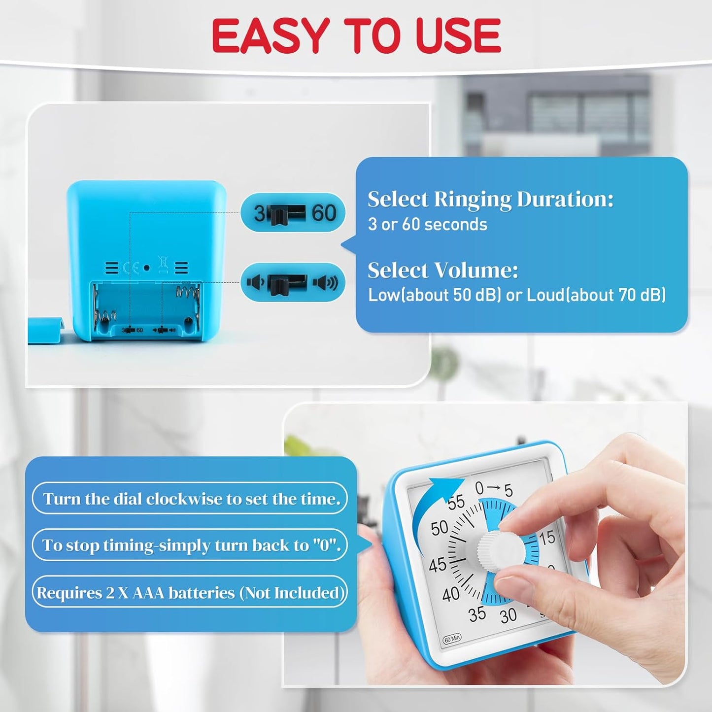 Secura 60-Minute Visual Timer, Classroom Timer, Countdown Timer for Kids and Adults, Time Management Tool for Teaching (Blue & Blue)
