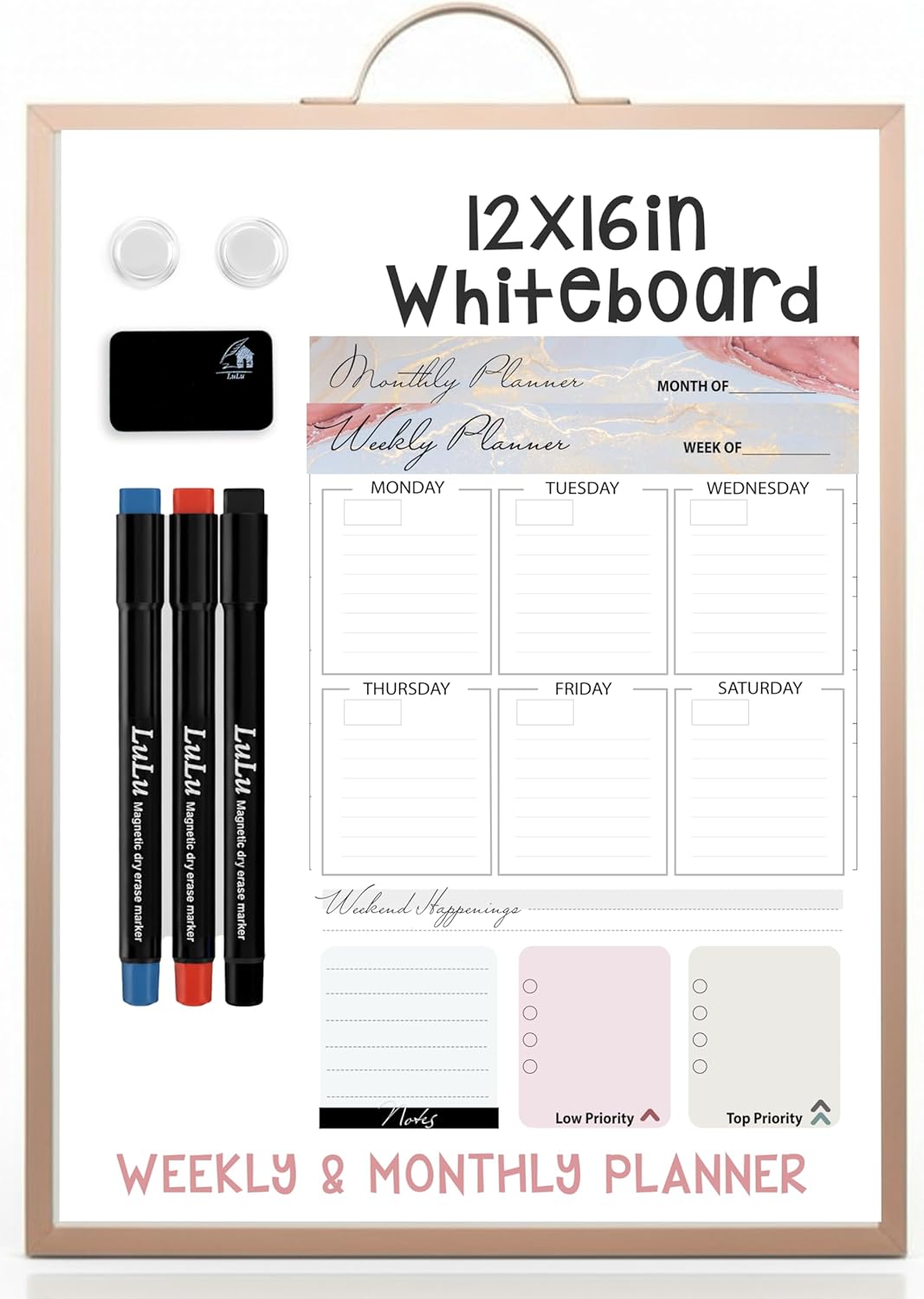 Black Magnetic Dry Erase Whiteboard 12 x 16 Double Sided, Portable Planner Board with Weekly Monthly Sheets, Write and Wipe to Do List Board, Includes 3 Markers Eraser 2 Magnets