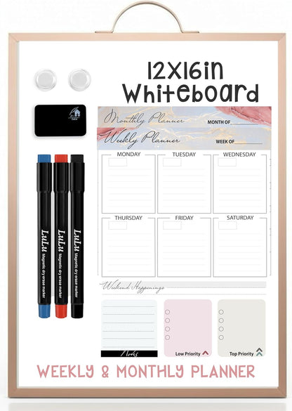 Magnetic Dry Erase Board 12x16 with Foldable Stand, Portable Gold Desktop Whiteboard for Home, Office, School & Kitchen, Includes Weekly & Monthly Magnetic Planner Sheets