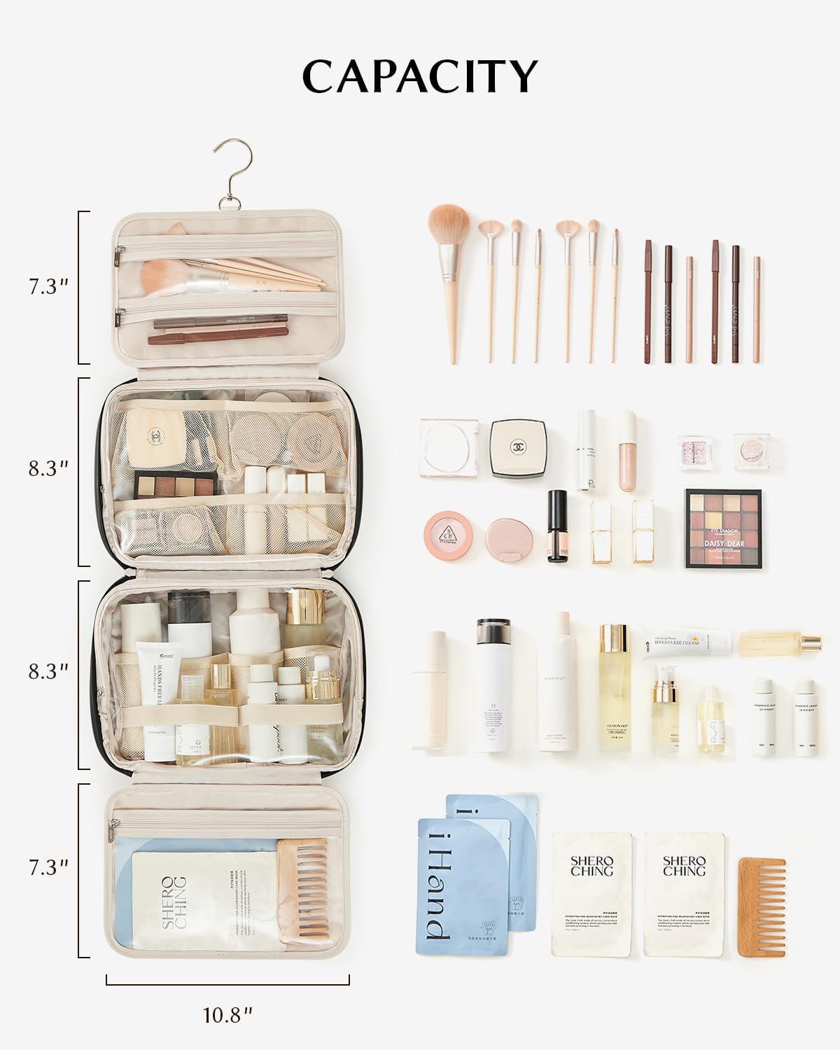 EACHY Toiletry Bag with Hanging Hook, Travel Makeup Bag PU Leather Cosmetic Bags for Women Make Up Organizer with 4 Compartments Waterproof Full-Size Portable Travel Essentials (Beige)
