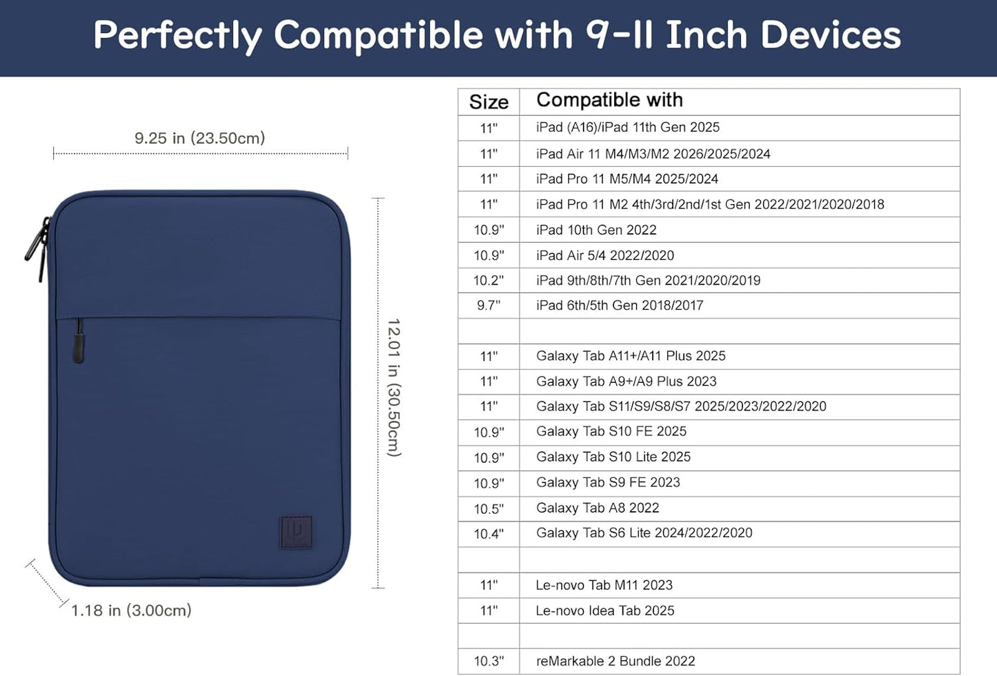 Dadanism 9-11 Inch Tablet Sleeve Padded Carrying Case for iPad (A16) 11th Gen 11", iPad 10th Gen 10.9", iPad Air M4/Pro M5 11", iPad Air 5/4, iPad 9/8/7th Gen, Galaxy Tab A11+ Plus 11", Blue