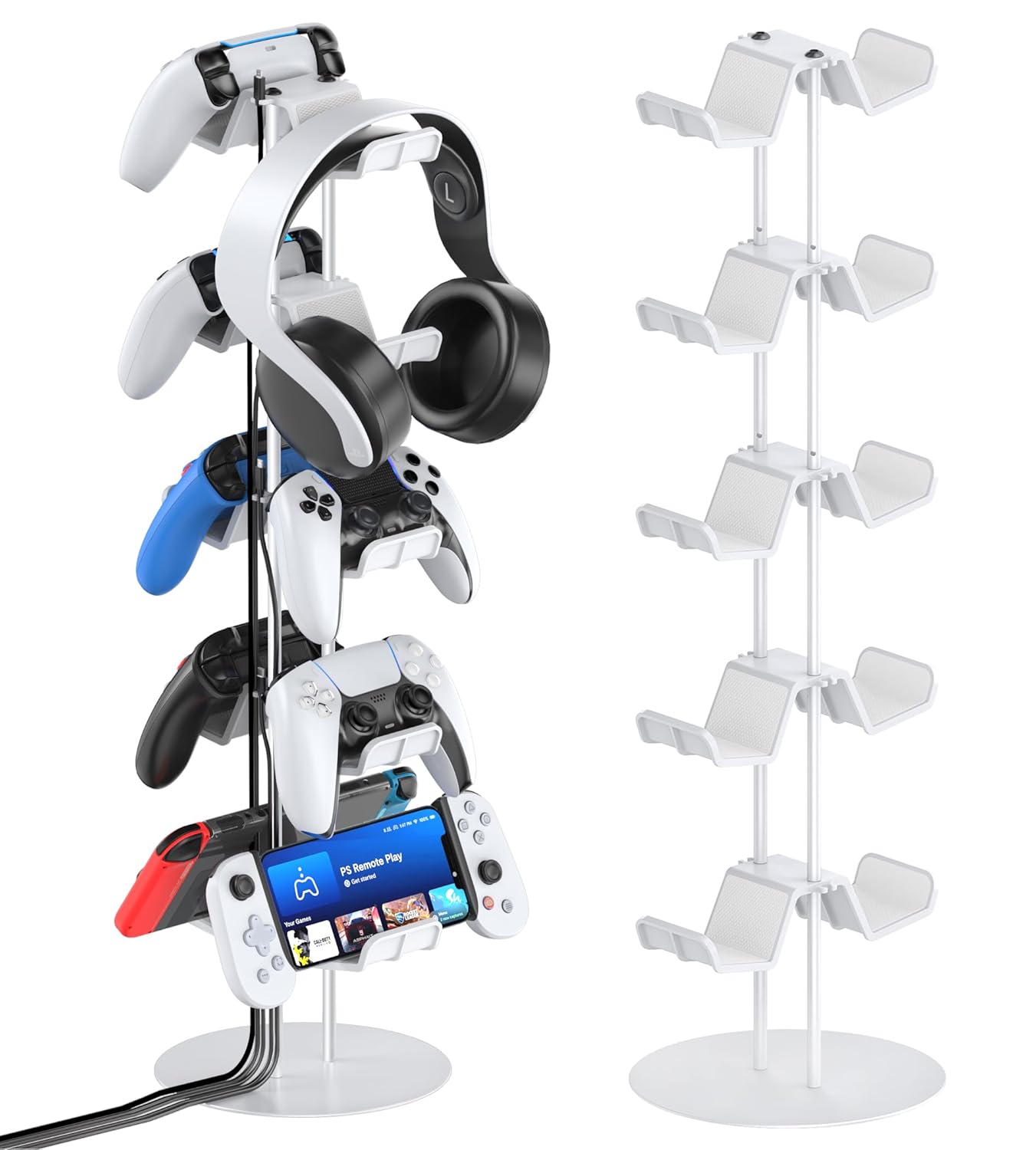Kytok Controller Stand 4 Tiers with Cable Organizer for Desk, Universal Headphone Stand Compatible with Xbox PS5 PS4 Console Nintendo Switch, Headset Holder & Desk Mounts for 8 Packs Controller