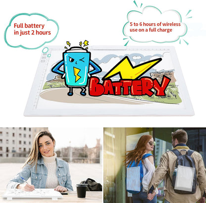 Rechargeable A4 Light Pad - Stepless Dimmable 6 Levels Brightness Tracing Light Box, Diamond Painting Light Board with Top Clip, Battery Powered Portable Light Pad for Weeding Vinyl Tracing