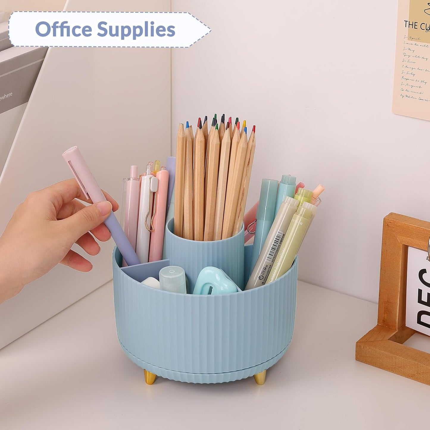 SKYDUE 360 Rotating Plastic Desk Pen Organizer with 5 Slots, Dual-Purpose Art Supply Pencil Cup for Office, School, Home