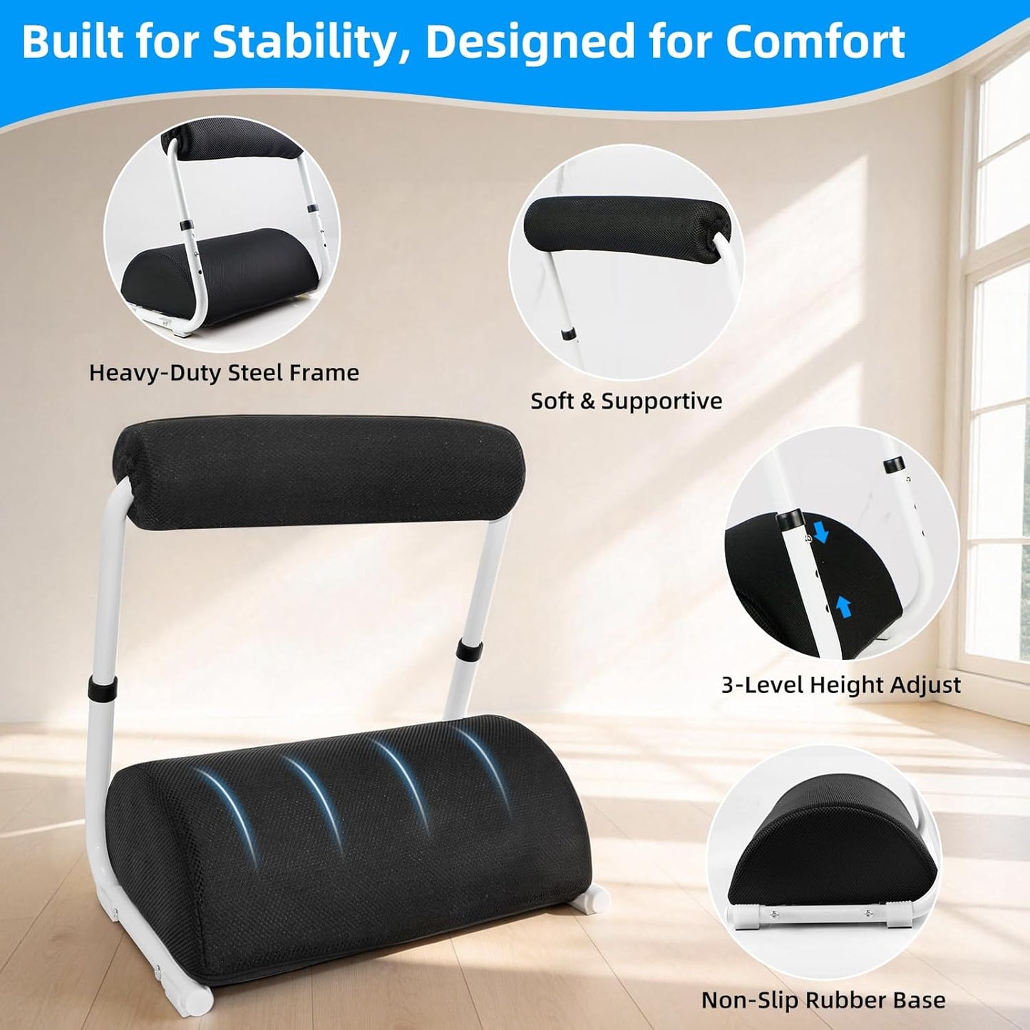 Under Desk Footrest Detachable - Leg Rest Adjustable 3 Height Positions for Under Desk, Ergonomic Foot Rest for Office or Home Use