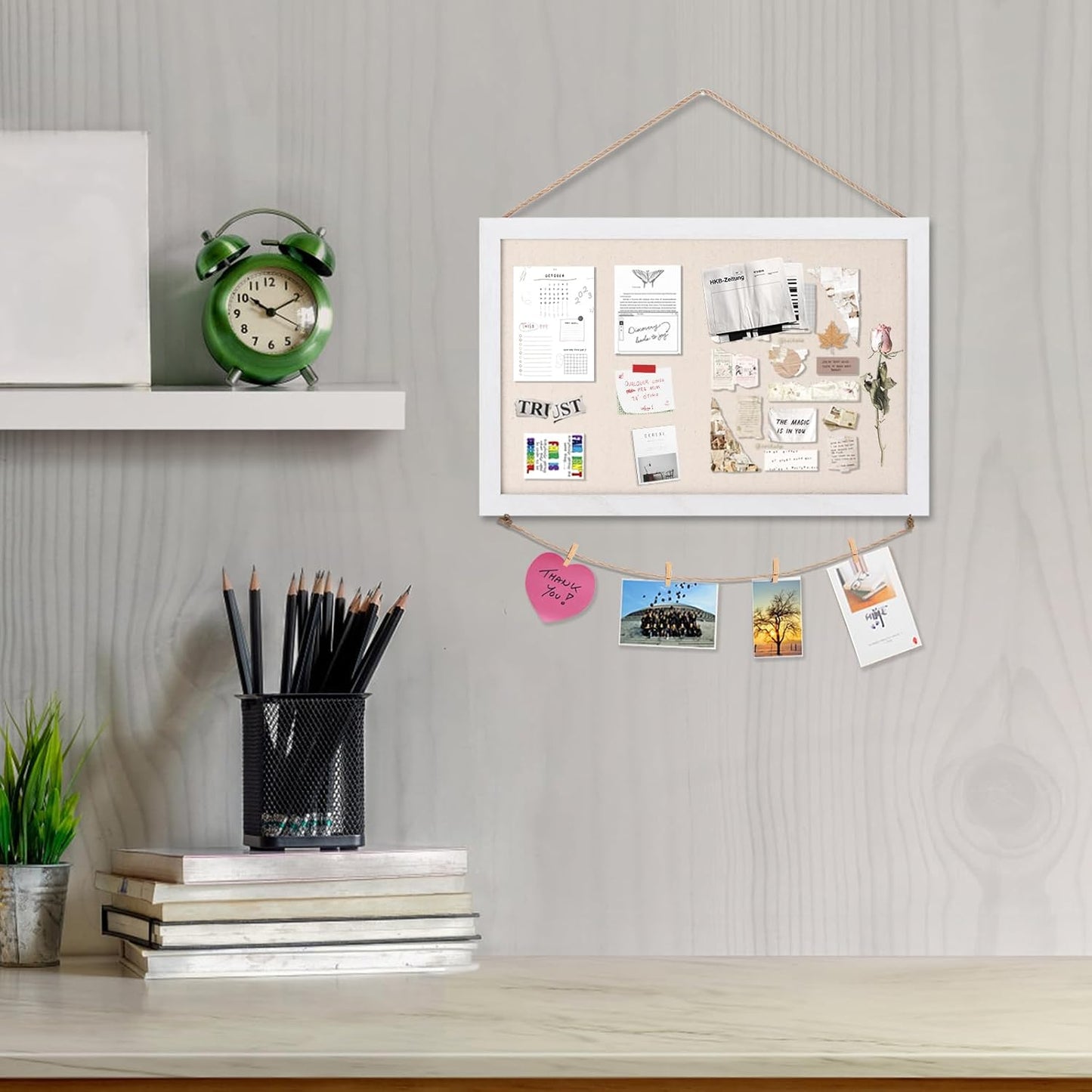 Emfogo Cork Board Vision Board, 16 "x11 White Linen Cork Boards for Walls with Frame, Pin Board Bulletin Board for Home Kitchen School Office Decor