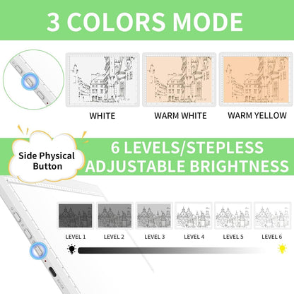 KOBAIBAN A3 Magnetic Light Pad with Bag, Rechargeable Diamond Art Light Board with Side Physical Buttons, 3 Color Light Modes Super Bright Light Table Light Box for Tracing, Drawing, Sketching (White)