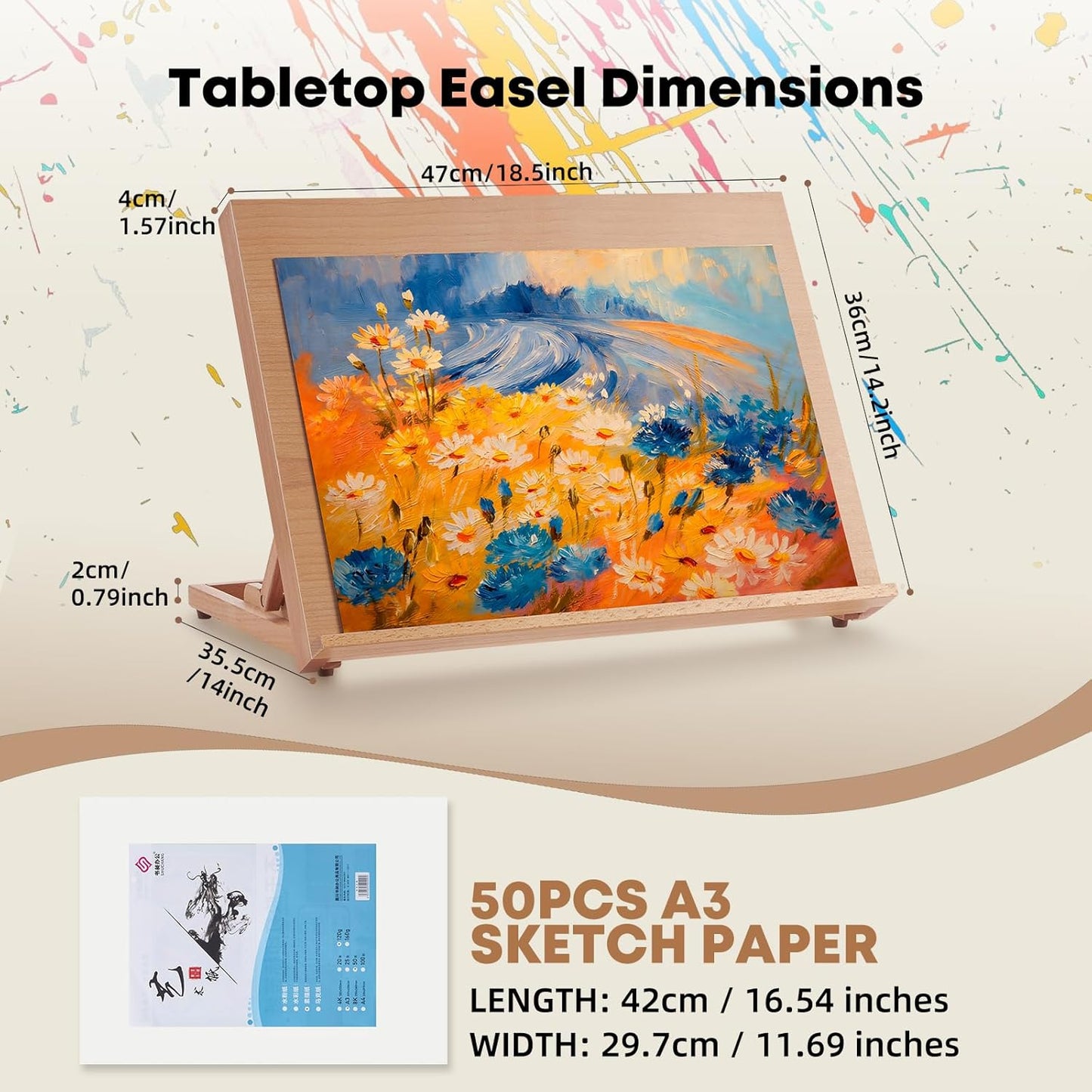 Wooden Tabletop Easel for Painting, Adjustable Table Top Artist Drawing Board for Adults, Students, 5-Position Art Easel Stand 25.6" x 18.9" Drafting Board with A3 Sketch Paper, A2