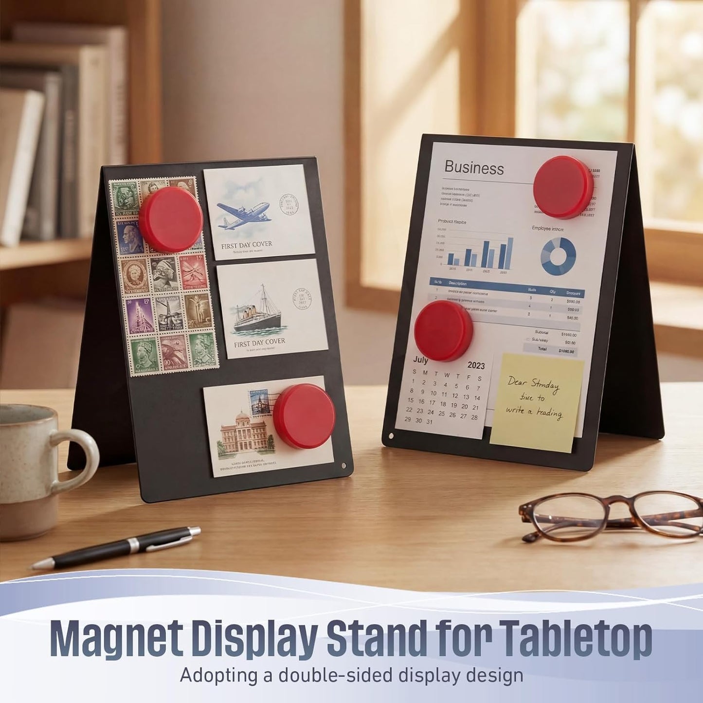 Fainne 2 Pack 6x8 Inch Magnet Display Stand, Double-Sided Magnetic Bulletin Board with Stand Tabletop Blank Magnetic Signs for Restaurant Menu Office Home School, Black