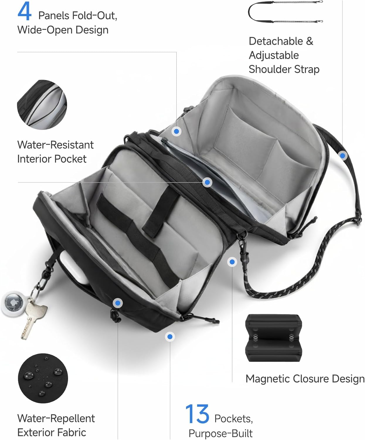 LUGGEX Large All-in-One Tech Pouch, CBX01 Cable Organizer Bag with Removable Crossbody Strap, Double Accessories Bag & Water Resistant for Kindle, Chargers, Cord, Earphone for Travel Office, Black