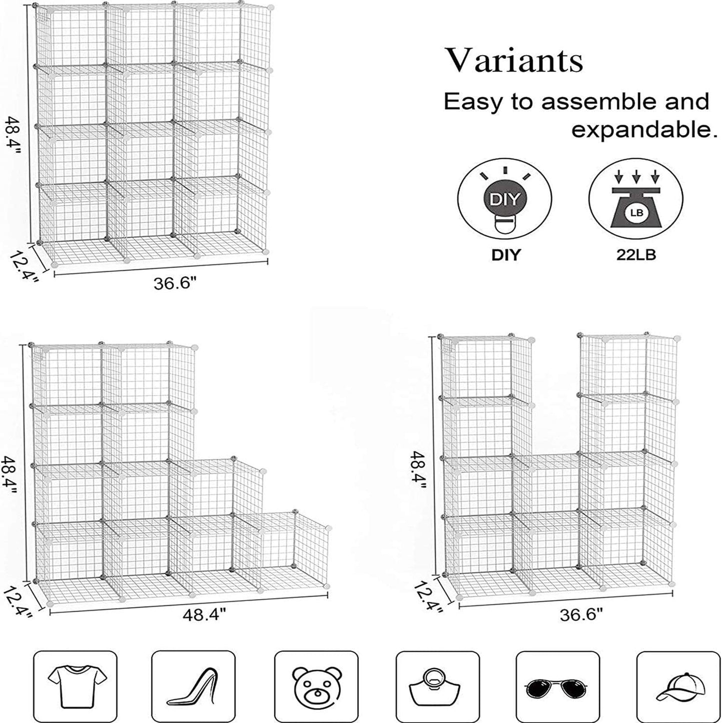 C&AHOME Wire Cube Storage, 12-Cube Storage Organizer Metal, C Grids Storage Bins Shelving, Modular Bookshelf Shelf, Closet Cabinet Ideal for Bedroom, Office 36.6”L x 12.4”W 48.4”H Black