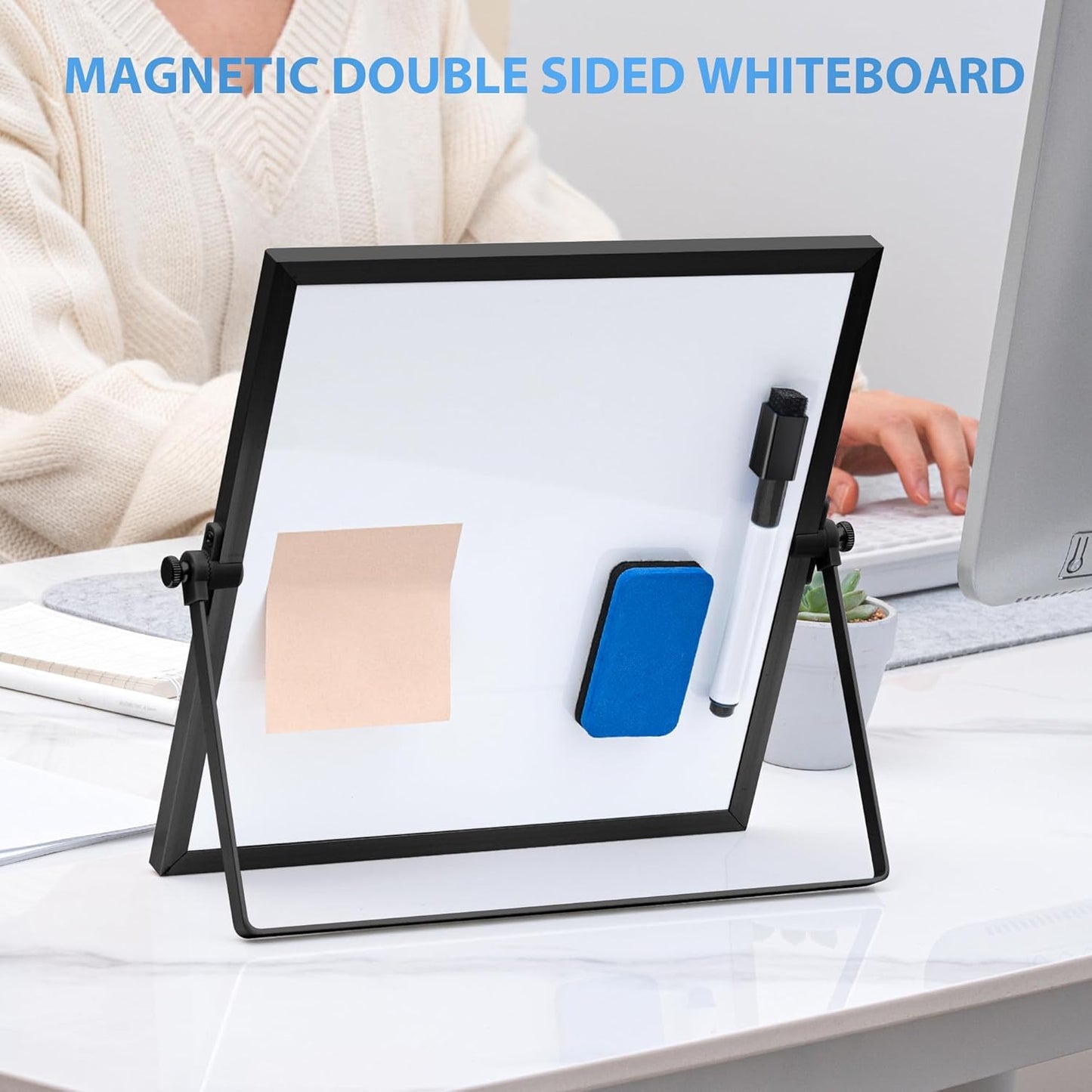 ARCOBIS Small WhiteBoard with Stand 10" X 10", Magnetic Double-Sided Dry Erase White Board Easel for Desk Students Home Office