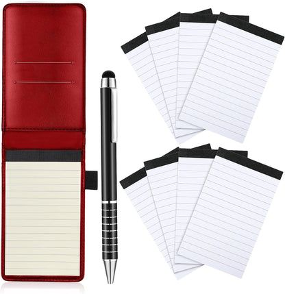 Outus 10 Pcs Mini Pocket Notepad Holder Set Included Small Leather Pocket Notebook Holder with 50 Lined Sheets, Metal Pen, 8 Pcs 3 x 5 Inch Memo Book Refills, 30 Lined Paper Per Note Pad (Black)