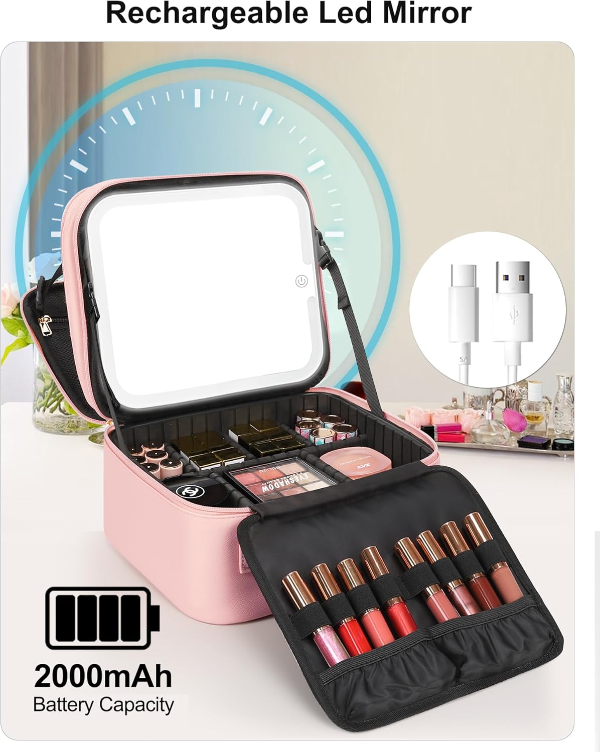 Relavel Travel Makeup Bag With LED Mirror, Cosmetic Train Case with Light up Mirror, Portable Makeup Artist Organizer Bag with Adjustable Dividers, Makeup Brush Holder Storage, Black
