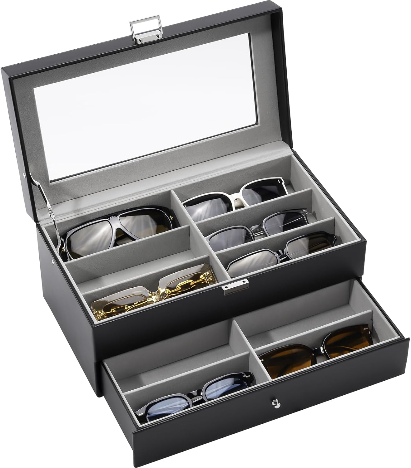 ProCase 3-layer Sunglasses Storage Organizer, 18 Slots Leather Sunglass Box Multiple Pairs Eyeglass Cases Eye Glass Eyewear Display Holder for Men Women, Valentine's Day Gift -Black