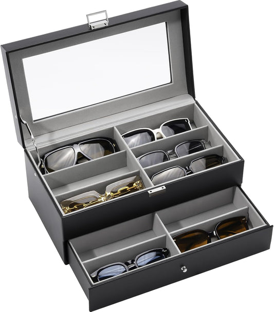 ProCase 3-layer Sunglasses Storage Organizer, 18 Slots Leather Sunglass Box Multiple Pairs Eyeglass Cases Eye Glass Eyewear Display Holder for Men Women, Valentine's Day Gift -Black