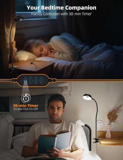 LiFMIRA Reading Light for Beds Headboards, Clip on Light LED Reading Book Light with Clamp Eye-Friendly Desk Lamp 3 Color Modes & 10 Brightness Flexible Reading Lights for Books in Bed Bedside Black