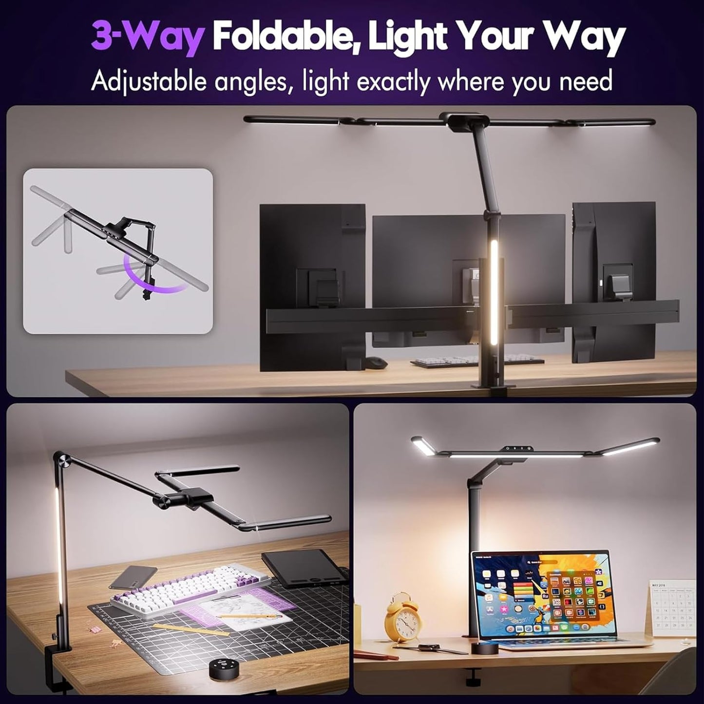 Quntis 32.5" Architect Desk Lamps for Office Home Dorm - Eye Care 3 Light Bar 1100LM Bright, Ambient Backlight, Radar Sensor, Remote Control, 2H Timer, Workbench Drafting Reading Video Conference Task