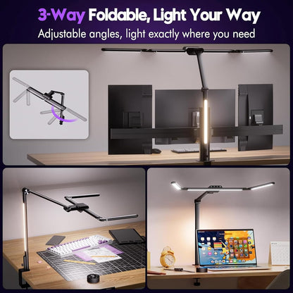 Quntis 32.5" Architect Desk Lamps for Office Home Dorm - Eye Care 3 Light Bar 1100LM Bright, Ambient Backlight, Radar Sensor, Remote Control, 2H Timer, Workbench Drafting Reading Video Conference Task