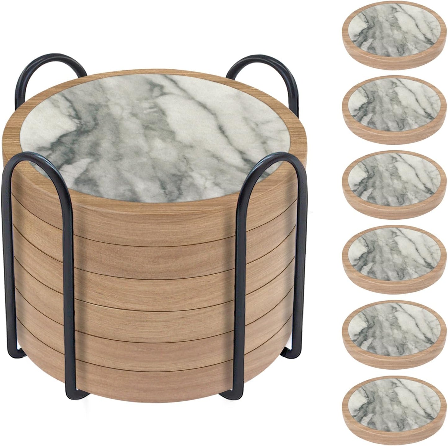 Wood Coasters for Drinks, Minacun Absorbent Coaster Sets of 5, Drinks Coasters for Coffee Tabletop Protection, Non-Slip, Non-Stick, Suitable for Kinds of Cups Wooden Table Drink, 4.3 Inches Black