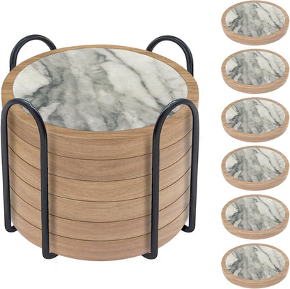 Wood Coasters for Drinks, Minacun Absorbent Coaster Sets of 5, Drinks Coasters for Coffee Tabletop Protection, Non-Slip, Non-Stick, Suitable for Kinds of Cups Wooden Table Drink, 4.3 Inches Black