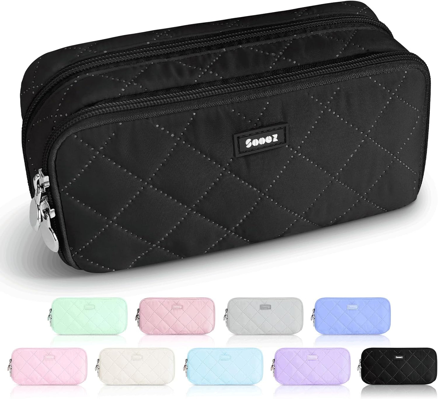 Sooez Large Pencil Case Pouch, Extra Big Pencil Bag with 8 Compartments, Pen Bag Wide Opening, Soft Quilted Pencil Pouch Organizer with Zipper, Portable Pencil Case for Teen Girls, Pink