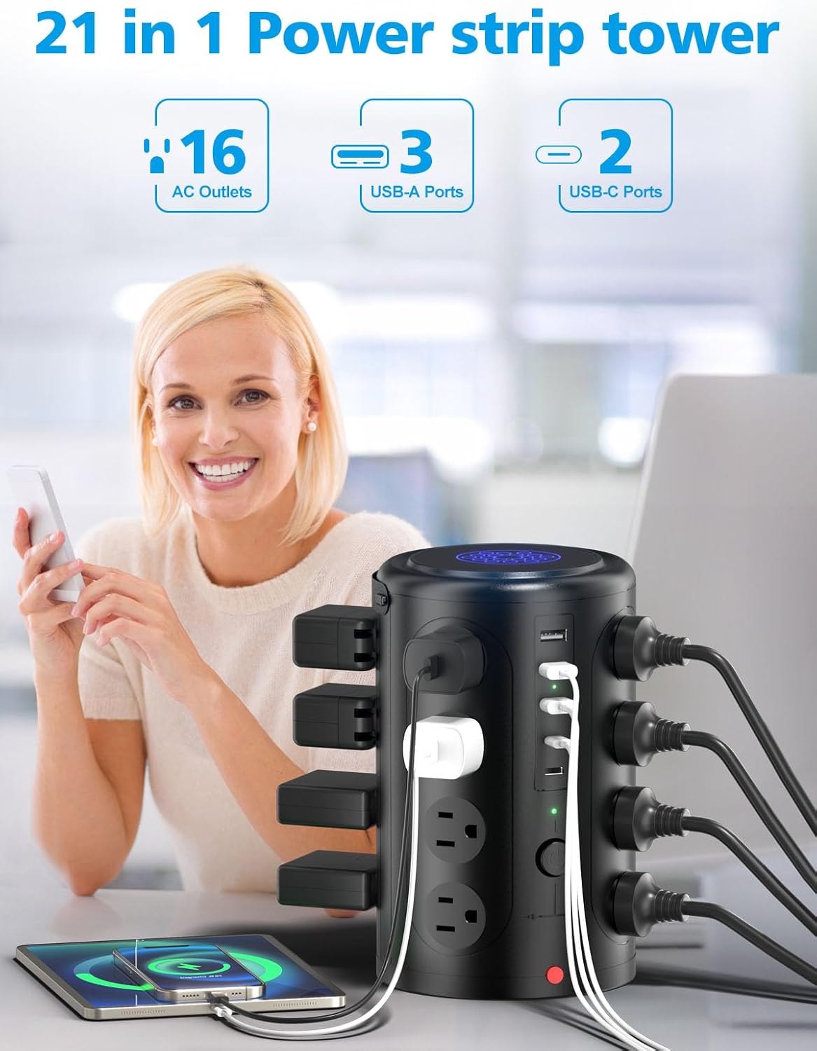 Tower Power Strip Surge Protector with 16 Outlets and 5 USB Ports (2 USB-C), 6FT Extension Cord with Multiple Outlets,Heavy Duty Charging Station,Home Office Dorm Room Essentials. No Wireless Charging
